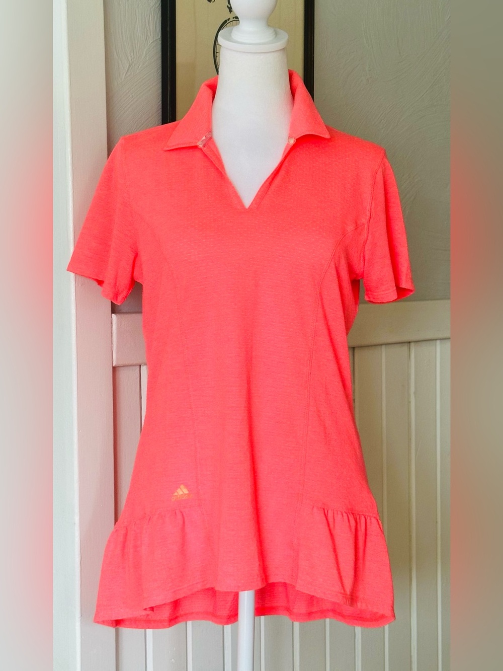 adidas Coral Pink Ruffle Hem Polo Shirt | Climacool | Women’s M Tunic Style